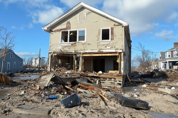 Hurricane Damaged House. Devastation of Residential Structure after Natural Disaster