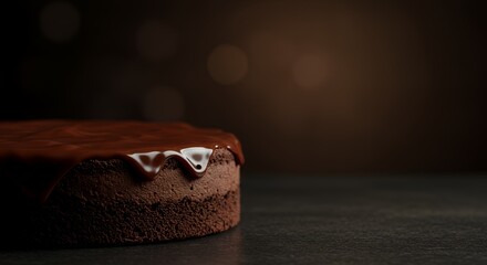 Decadent Chocolate Cake Drizzled with Rich Ganache, Dark Moody Background
