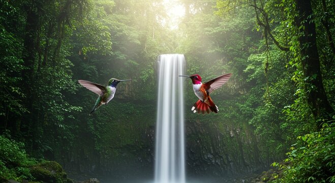 Hummingbirds and waterfall in lush forest - Powered by Adobe