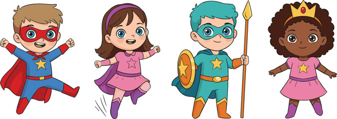Superhero kids costume illustration, fantasy character children, brave little heroes with cape, cartoon girl and boy in action, fun superhero outfit vector design
