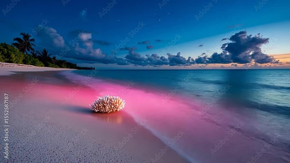 Poster beach at twilight with coral formation illuminated by ambient light and colorful reflections