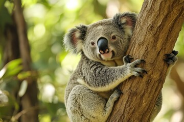 Obraz premium Koala Face. Cute and Alone Koala on Branch in Australian Setting