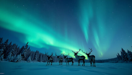 Fototapeta premium Magnificent Aurora Borealis Displaying Over Reindeer in a Snow-Covered Landscape