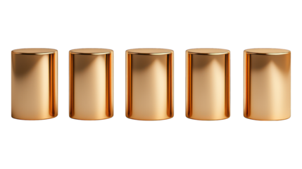 Five shiny, gold cylinders in a row on a black background