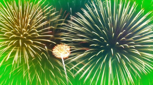 Colorful fireworks explosion on green screen with sparkling particles and glowing trails, perfect for celebration overlays, festive intros, or New Year video transitions. - Powered by Adobe