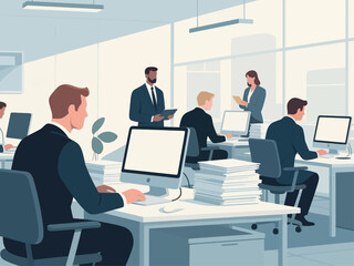 Business office concept, vector cartoon illustration, business people collaborate with each other, daily work and office scenes, men and women wearing suits holding meetings to discuss problems, and c