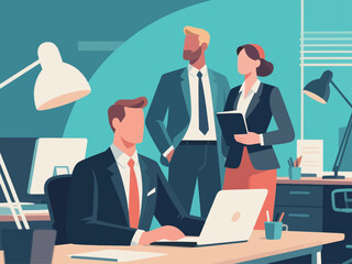 Business office concept, vector cartoon illustration, business people collaborate with each other, daily work and office scenes, men and women wearing suits holding meetings to discuss problems, and c