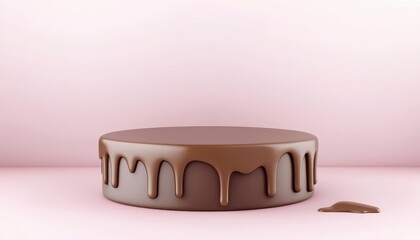 A round chocolate cake with smooth chocolate glaze dripping down the sides on a pale pink surface with a small chocolate drip beside it.