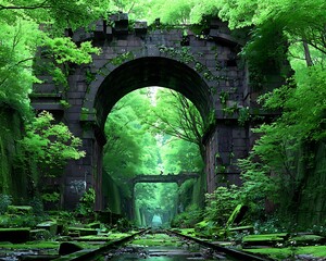 Ruined tunnel overgrown with lush greenery