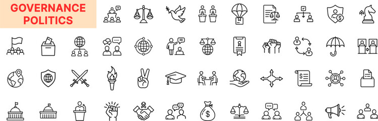 Governance Politics Line Icon Design Featuring Voting, Government, Law Scales, Peace Symbols, Diplomacy, Ballot Box, Constitution, Rights, Parliament, and Civic Leadership