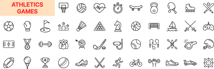 Athletics Games Line Icon Design Featuring Football, Tennis, Swimming, Gym, Cycling, Archery, Stopwatch, Dumbbell, Whistle, Medal, and Sports Equipment Symbols