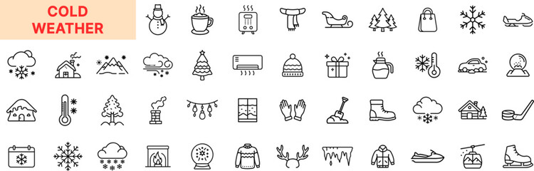 Cold Weather Line Icon Design Featuring Snowflakes, Winter Clothing, Thermometer, Snowfall, Ice Skating, Hot Drinks, Mittens, Fireplaces, Snowman, and Seasonal Activities