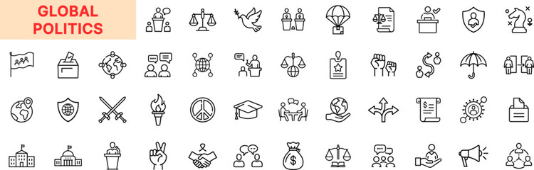 Global Politics Line Icon Design Featuring Peace Symbols, Diplomacy, Voting Ballots, World Leaders, Political Debates, Government Documents, Law Scales, Handshake Agreements, Protest, and Global Relat