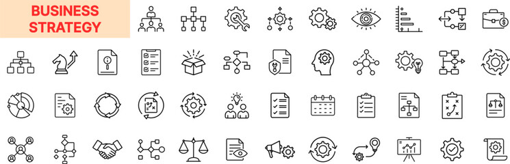 Business Strategy Line Icon Design Featuring Hierarchies, Gears, Analytics Charts, Target Arrows, Idea Bulbs, Documents, Network Nodes, Calendar Plans, Growth Metrics, and Legal Balance Symbols