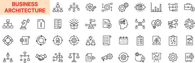 Business Architecture Line Icon Design Featuring Organizational Charts, Process Gears, Strategy Documents, Data Flow, Team Structures, Legal Balance, Insight Vision, Planning Files, and KPI Boards