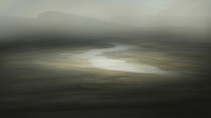 Obraz premium Misty mountain landscape with a winding river catching the light in a serene natural scene