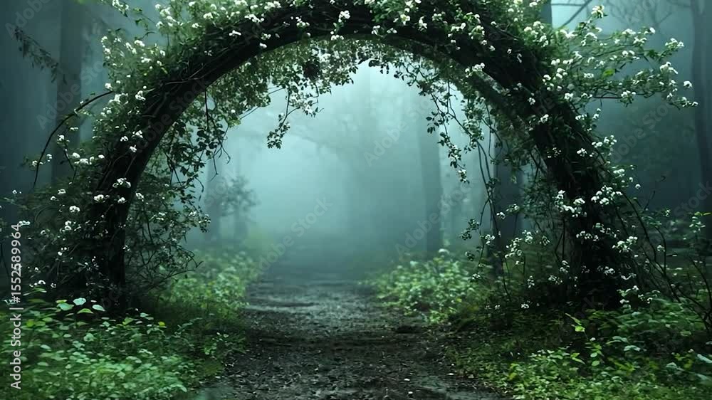 Poster misty forest path through a floral archway with greenery and dreamy atmosphere
