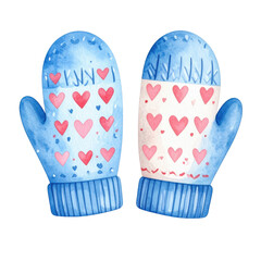 Hand-drawn mittens with heart designs in blue and pink colors. cut out. transparent background