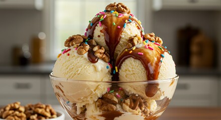 Indulge in this decadent vanilla ice cream sundae, drizzled with rich caramel and topped with crunchy walnuts and sprinkles.