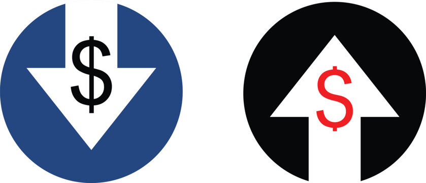 Cost decrease or increase icon. Downward vs upward dollar signs.