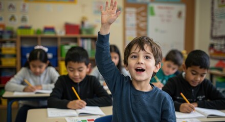 Elementary school classroom scene featuring a young student raising hand in response focused on learning and education