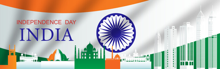 Anniversary and celebration Happy independence day of India in national flag background. Travel landmarks architecture of Indian. Tour landmarks India in new delhi in paper art style.