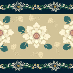 Ikat seamless floral pattern on yellow blue tone , Motif ethnic floral seamless textil, embroidery, print striped ornament floral, pattern, design for wrapping, silk, scarf, background, text