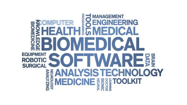 Biomedical software animated word cloud;text design animation tag kinetic typography seamless loop.