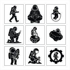 Astronaut Icon Set Black And White Illustrations Exploring Space Activities And Technology Integration In Vector Format