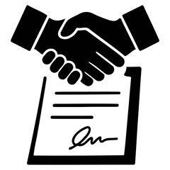 Black and white graphic of a handshake over a contract with a signature at the bottom on transparent background