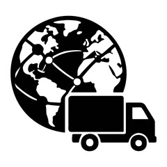 Fototapeta premium Black and white delivery truck with a globe depicting global logistics network delivery on transparent background