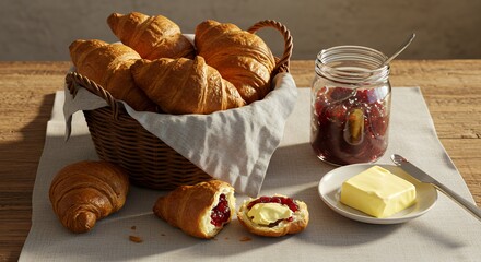 Golden Croissants, Jam, and Butter: A Rustic Breakfast Delight