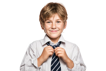 Cheerful young boy adjusting striped tie wearing white shirt isolated on transparent background