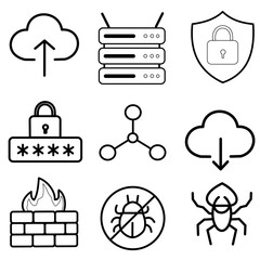A versatile collection of black and white line art icons covering various security and technology concepts, including shield, padlock, building, and bug. Ideal for clean, minimalist designs, dst