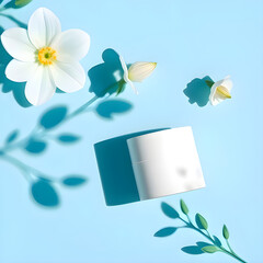 Serene Botanical Glow: White Moisturizer on Blue, Nature's Caress