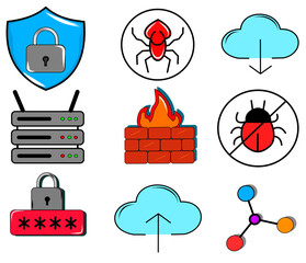 A collection of security-themed icons in a vibrant, full-color palette, including shields, locks, and bug symbols. This diverse set is ideal for illustrating comprehensive security solutions, 