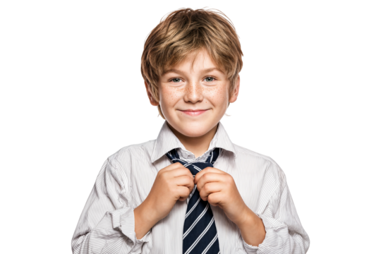 Cheerful young boy adjusting striped tie wearing white shirt isolated on transparent background - Powered by Adobe