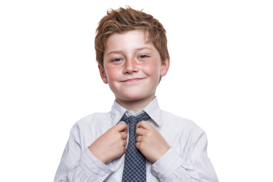 Cheerful young boy adjusting striped tie wearing white shirt isolated on transparent background