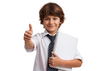 Happy boy showing thumbs up while holding notebook isolated on transparent background