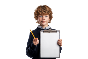 Smiling boy holding clipboard and pointing at blank sheet with pencil isolated on transparent background