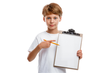 Smiling boy holding clipboard and pointing at blank sheet with pencil isolated on transparent background