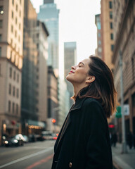 Fototapeta premium Woman pausing during a city walk to close her eyes and feel the breeze, buildings blurred in the background.