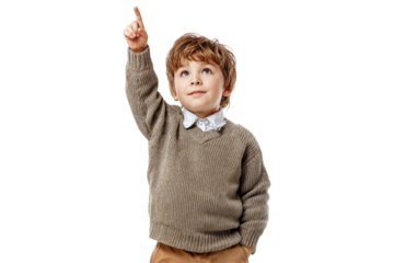 Confident boy raising hand in shirt isolated on transparent background