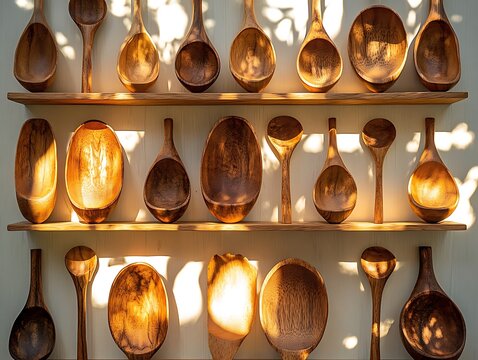 Handcrafted wooden spoons in varying sizes and shapes displayed on rustic shelves - Powered by Adobe