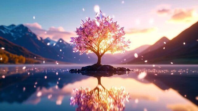 Pink Crystal Tree Reflecting On Calm Lake Sunset