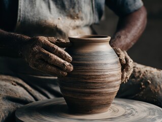 Clay-covered hands expertly shape a burgeoning brown and beige clay pot on a spinning wheel