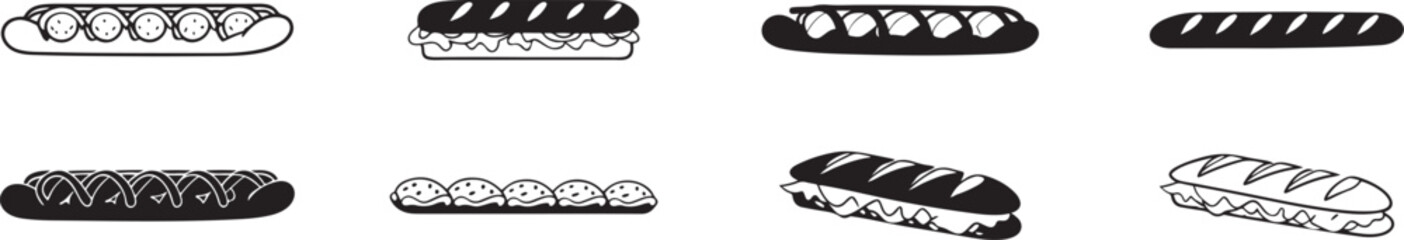 Black and White Hot Dog Illustrations: Assorted Vector Set of Grilled Sausages.
