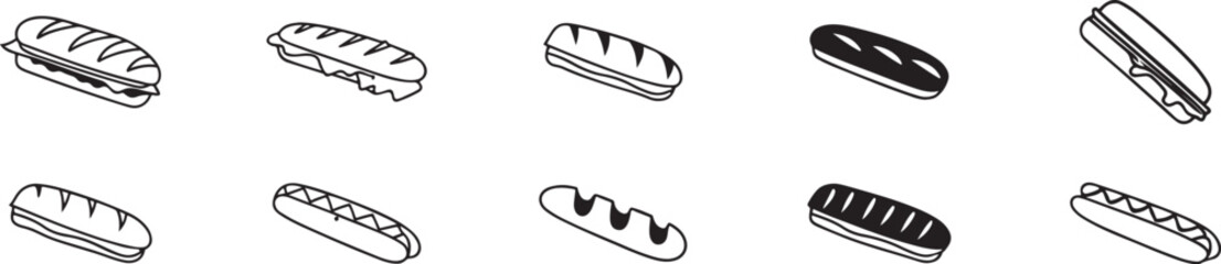 Black and White Hot Dog Illustrations: Assorted Vector Set of Grilled Sausages.