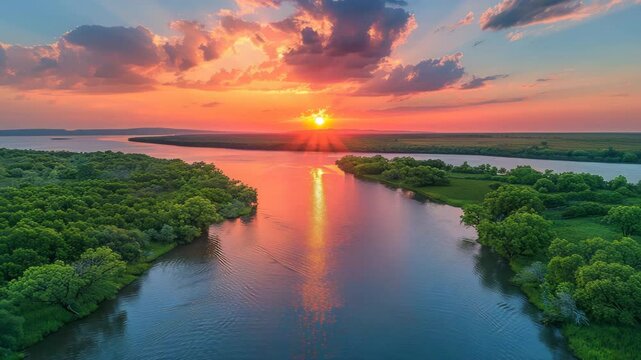 River Sunset, A breathtaking sunset over a serene river, flanked by lush greenery and a calming atmosphere.