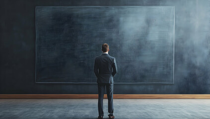 Obraz premium Man contemplating large blank blackboard